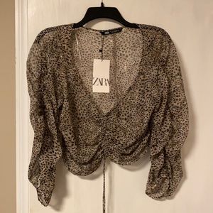 Zara sheer animal print scrunch top NWT